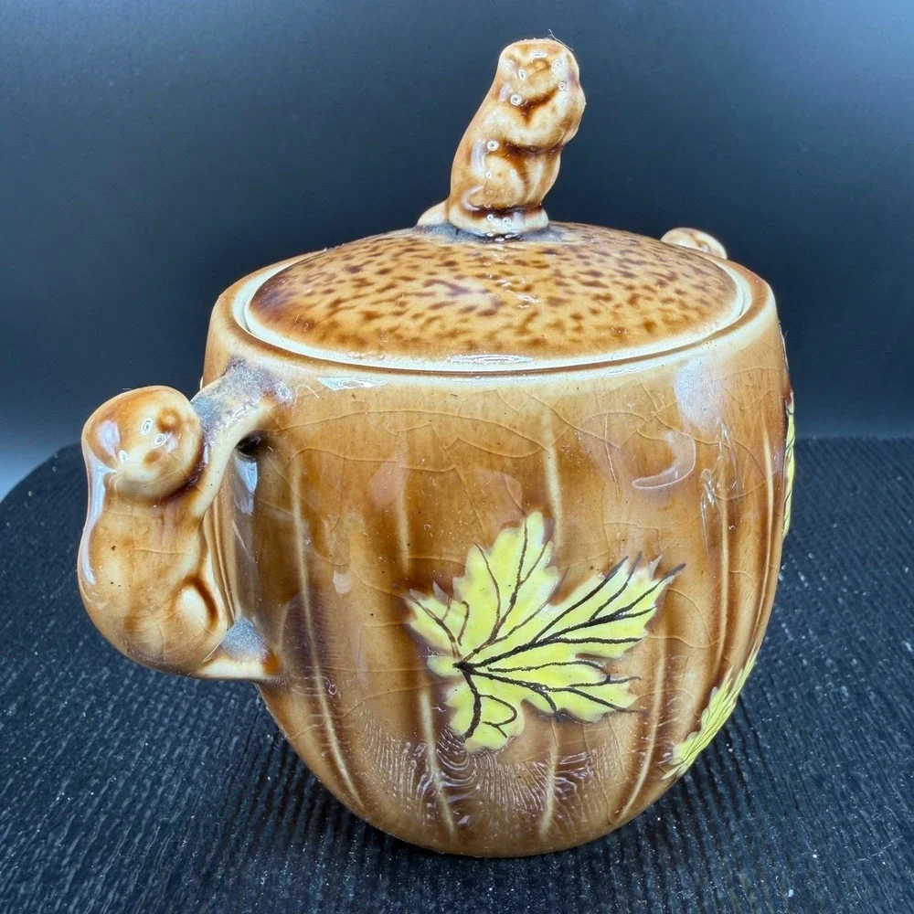 Vintage Shafford‎ 1951 Squirrel Maple Leaf Ceramic Sugar Bowl with Lid Brown VTG